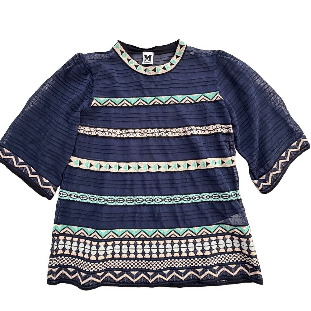 Missoni Womens Navy Embroidered Flax Cotton Blend Blouse 44 US 8